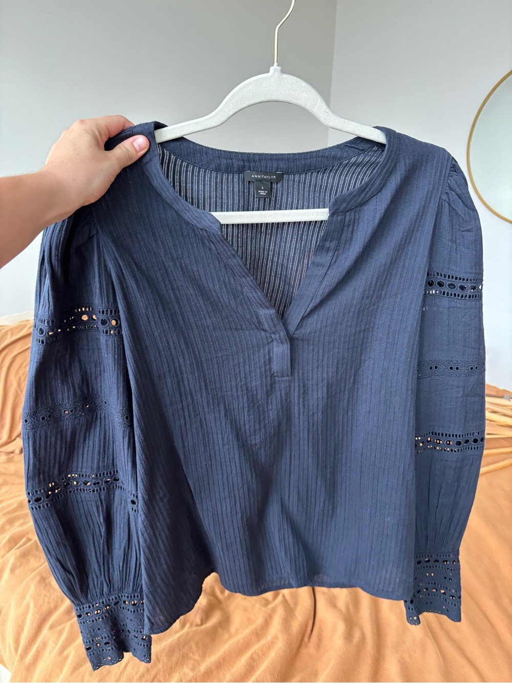 Ann Taylor Navy Eyelet Long-Sleeve Split-Neck Blouse